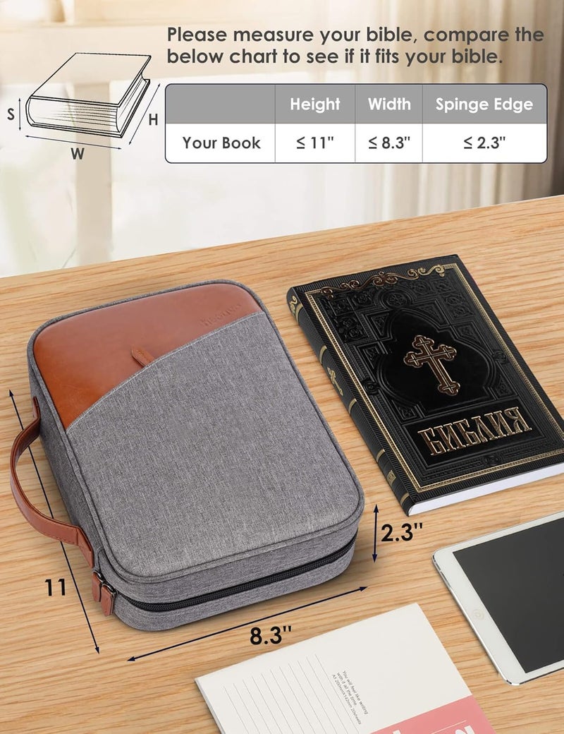 heouvo Bible Covers for Men, Bible Carrying Case with Pockets/Leather Handle, Multi-Functional Large Size Zippered Bible Bag, Great for Bible Study/Daily Use, Bible Case for Men (Gray) - Image 2